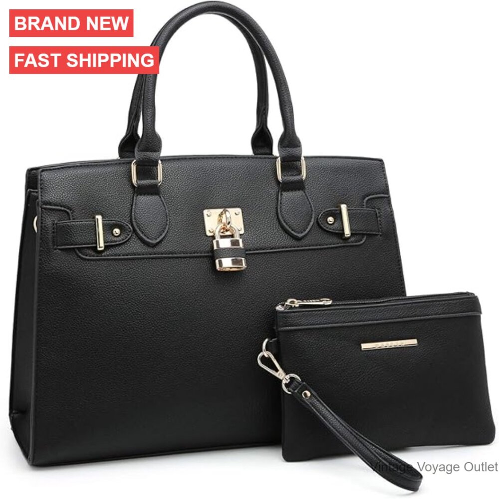 Vegan Leather Satchel Tote With Matching Clutch, Adjustable Strap